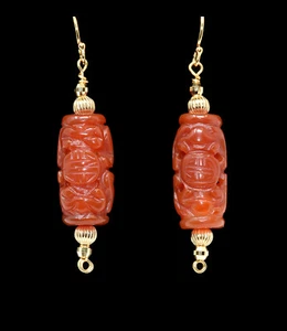 14K Yellow Gold & Vintage Hand Carved Carnelian Shou "Longevity" Bead Earrings - Picture 1 of 2