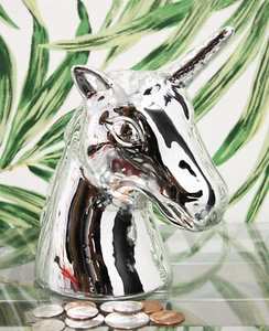 Electroplated Silver Sacred Unicorn Head Money Coin Bank Figurine Kids Adults - Picture 1 of 6