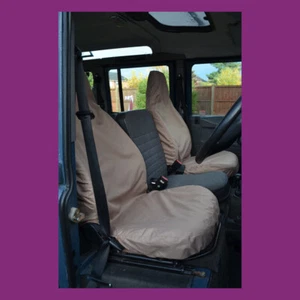 Land Rover Defender 90 110 1983-07 delanteras 2 fundas de asiento impermeables a medida arena - Imagen 1 de 2