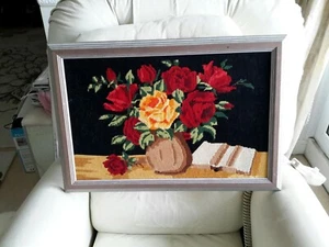 VINTAGE HANDMADE FRAMED FLORAL TAPESTRY 24 INCHES BY 16 INCHES - Picture 1 of 8