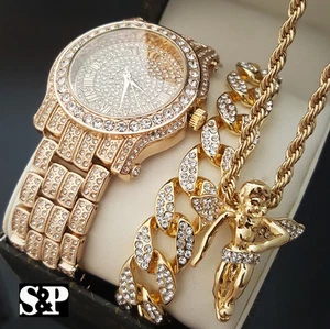 Men Hip Hop Iced Bling Lab Diamond Watch & Cuban Bracelet & Angel Necklace Set - Picture 1 of 12
