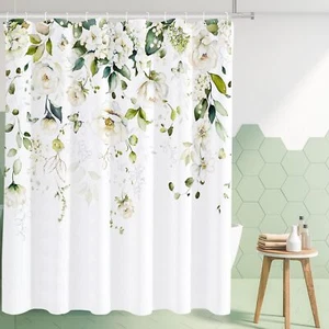 Blomming Bright White Floral Shower Curtain Watercolor Green Leaves on The To... - Picture 1 of 7