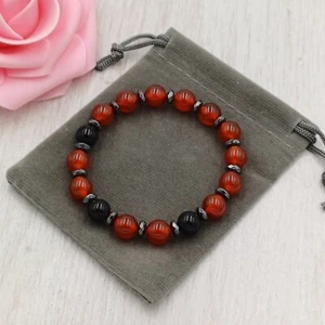 RED CARNELIAN & OBSIDIAN Bracelet Stretch Handmade Gift Bag Crystal Gemstone 8mm - Picture 1 of 5