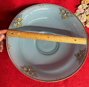 Vtg Large Pale Blue Painted Glass Bowl w Multicolor Handpainted Design - Picture 1 of 8