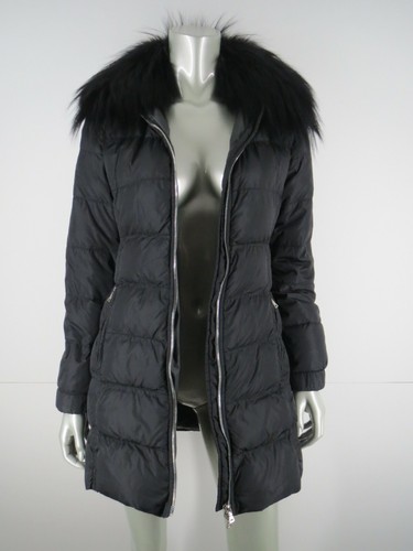 Prada puffer coat collo pelliccia di volpe taglia 2 38 XS nero piumino trapuntato lungo zip con cappuccio