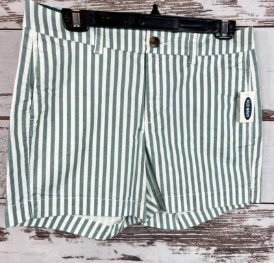 NUEVO CON ETIQUETAS OLD NAVY Pantalones Cortos Para Mujer A Rayas Mezcla de Algodón Blanco Verde Talla 6 Foto 1 de 4
