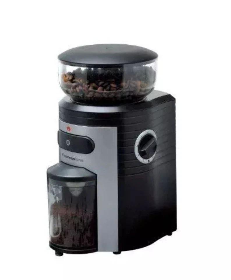 Molinillo de café profesional de rebabas cónicas Espressione, negro/plateado. Caja abierta nueva Foto 1 de 4