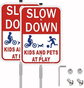(2Pack) Slow Down Signs，Kids Playing Sign with Stake for Street - Children - Picture 1 of 6