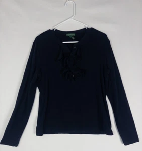 LRL Ralph Lauren Jeans CO Sweater Womens L Navy Pullover Ruffle Solid Long Sleev - Picture 1 of 7