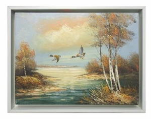 "Flying South" 12x16 Wildlife Landscape Oil Painting with Elegant White Frame - Picture 1 of 2