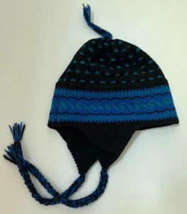 Stowe Woolens Vermont Vintage Wool Beanie Cape Braided Tassel Black Blue - Picture 1 of 7
