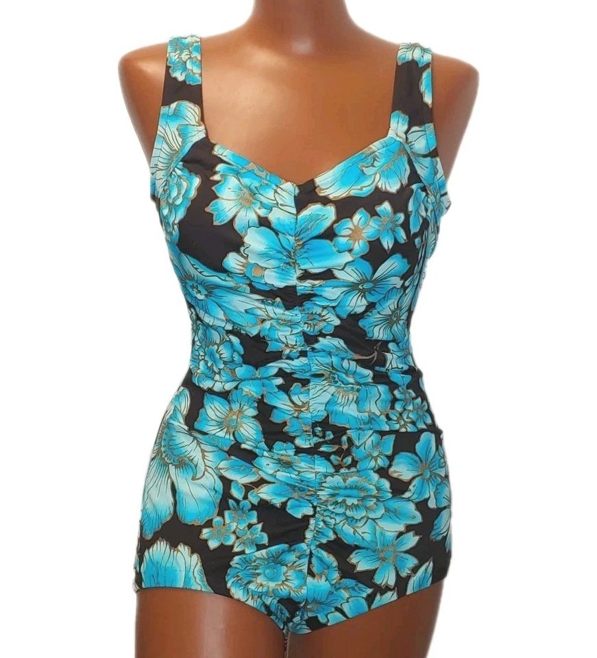 Maxine Of Hollywood Traje de Baño Inalámbrico Mujer 12 Marrón Fruncido Azul Dorado Floral  Foto 1 de 4
