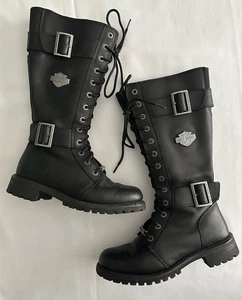 Harley Davidson Belhaven D87082 Black Leather Knee Hi Boots Women - Sz 9 M - Picture 1 of 23