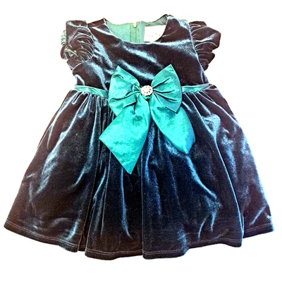 Edições raras bebê criança menina 18 meses caçador vestido de veludo verde férias arco - Imagem 1 de 4