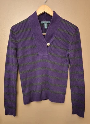 Suéter mediano Lauren Ralph Lauren para mujer púrpura gris a rayas acanalado tejido preppy Foto 1 de 4
