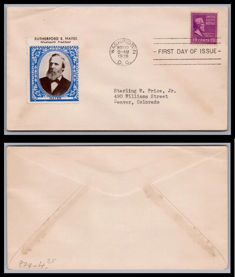 US FDC # 824 19c Rutherford Hayes  Unknown   1938, 0a1554 - Image 1 of 1
