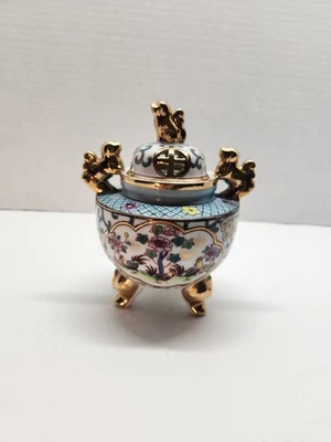 Quemador de incienso chino vintage porcelana familiar rosa loto/pollito/león 6" H 3607 Foto 1 de 4