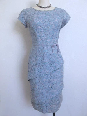 Vestido de cocktail vintage anos 50 azul renda mexer bainha camadas diagonais - Imagem 1 de 4