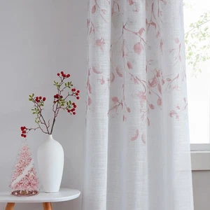 Panel de cortina de ventana de lino transparente metálico con estampado floral de hojas para vida rústica... - Imagen 1 de 7