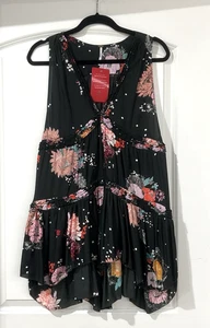Free People Tunic Top Small Black Floral Sheer Tiered Dress Boho NEW - Picture 1 of 13