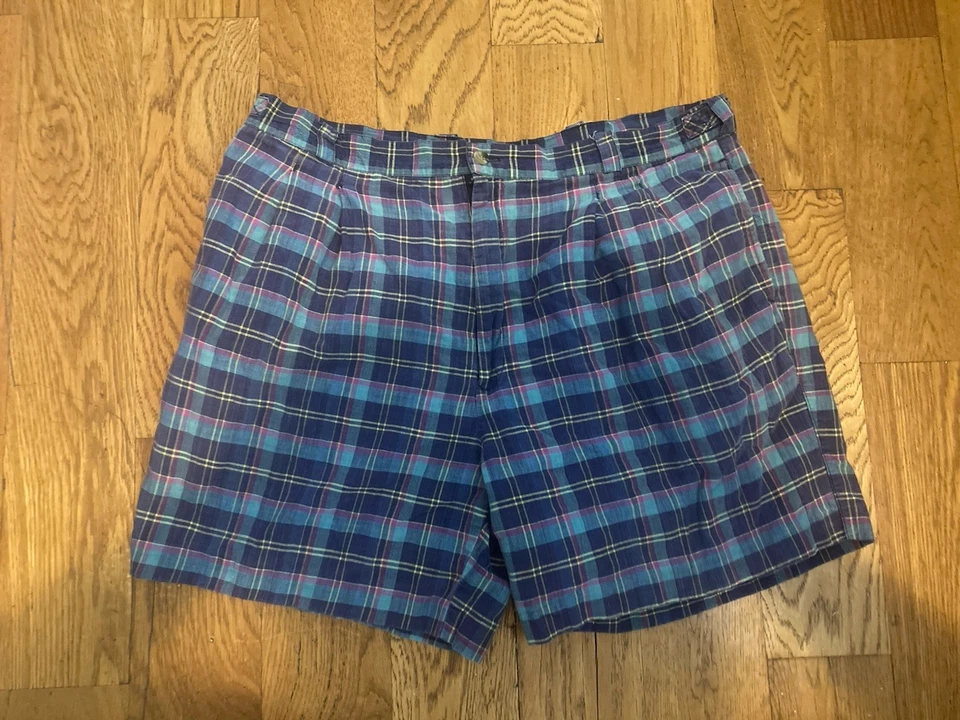 Jantzen Madras Shorts Plaid Men's Blue Purple Yellow Teal Used Good 36 Golf - Image 1 of 3