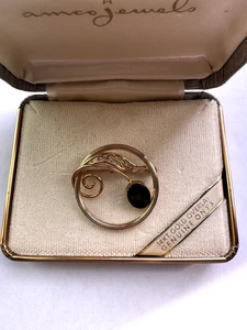 Vintage 14k Gelbgold Overlay schwarzer Onyx Kreis Brosche Anstecknadel - Bild 1 von 7