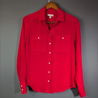 J. Crew 2 Cherry Red 100% Silk Long Sleeve Pocketed Blouse Career Professional - Image 1 of 4