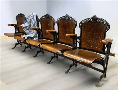 5 Wood Iron Folding Theater Seats, Auditorium Seats, Entryway Bench, D21 - Image 1 of 4