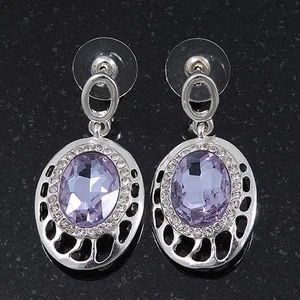 Light Amethyst CZ Crystal Oval Drop Earrings In Rhodium Plating - 35mm Length - Picture 1 of 4