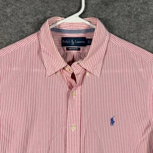 Ralph Lauren Herren Large Hemd Button Down Rosa Weiß Streifen Kurzarm Pony - Bild 1 von 9