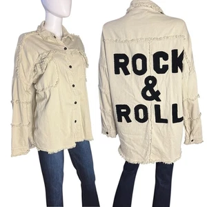 Elan Devan Rock & Roll Beige Black Distressed Cotton Jacket Small - Picture 1 of 6