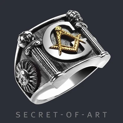 Masonic Ring Freemason Signet 925 Silver Ring Masonry Biker 18K-Gold-Plating - Image 1 of 4