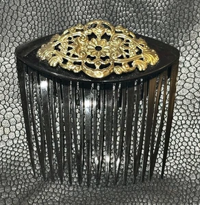 Vintage Einzelhaarkamm schwarz mit goldfarbenem Metallakzent Frankreich Haarschmuck - Bild 1 von 8
