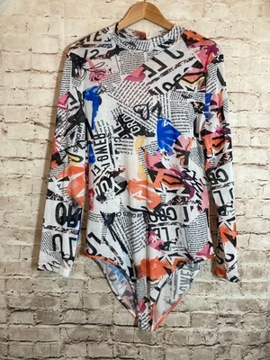 Artsy Bodysuit Womens 3X Mesh Semi Sheer Newspaper Printed Plus Stretch - Image 1 of 4