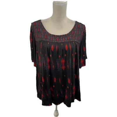 Lucky Brand Short Sleeve Top Womens XL Flutter Sleeves Beaded Tribal Relaxed Fit - Image 1 of 4