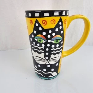 Vintage 90s Laurel Burch Tall Black Cat Coffee Tea Mug 16oz Yellow Background - Picture 1 of 7