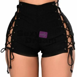Women Sexy Black Lace up Hot Pants Ripped Denim High Waist Jeans Shorts Clubwear - Picture 1 of 14