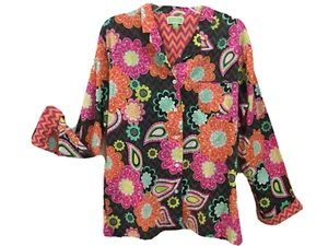 Vera Bradley Women M 10 Blouse Top Shirt Contrast Black Orange Green Yellow Pink - Picture 1 of 6