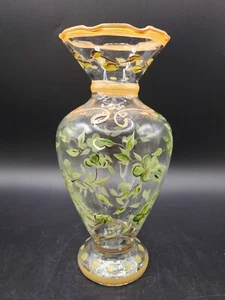 Tracy Porter Hand Painted Vase Glass Ruffle Edge 6 1/2" Green & Gold/Yellow - Picture 1 of 7