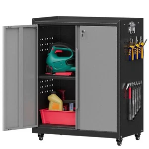 Metal Storage Cabinet Garage Tool Storage Cabinets With Wheels 2 Doors & Shelf  - Picture 1 of 12