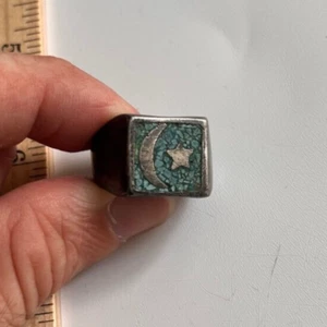 Large Silver Turquoise Ring Crescent Moon & Star "Mexico" Indigenous or Islamic - Picture 1 of 6
