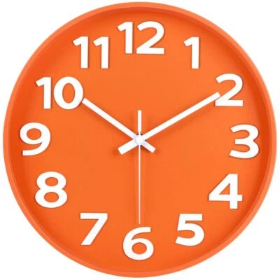 45MINST 12-Inch Modern Wall Clock Minimalist Orange Design Silent Non-Ticking Large N...