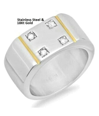 Anello 2 Tono Acciaio Inox Larga da Uomo Bande Cz 18kt Argento Misura 10 12 New - Immagine 1 di 4