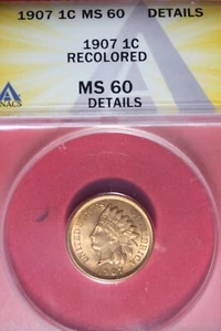 1907 ANACS 1C MS60 REOLORED INDIAN HEAD CENT #B49193 - Picture 1 of 2