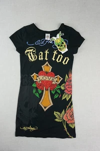 Ed Hardy Tattoo Love Womens Size XS Short Sleeve Shirt Black Rhinestones - Picture 1 of 10