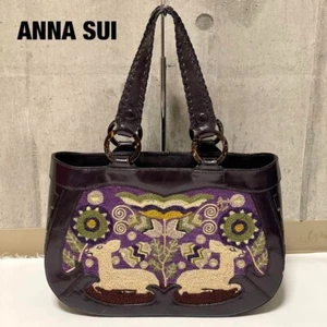 Anna Sui Embroidered Leather Enamel Tote Hand Bag Purple Used From JPN - Picture 1 of 18