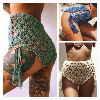 Pantalones cortos de bikini sexy de ganchillo a mano boho sexy Pantalones cortos de cintura alta  Foto 1 de 4