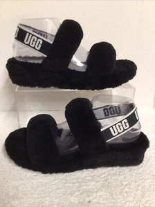 UGG Oh Yeah Black Sheepskin Strappy Cozy Slingback Sandals Womens Size 9 - Picture 1 of 8