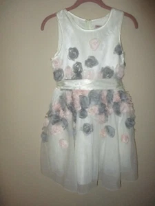 Girls Nanette Lepore Ivory Gray Pink 3D Roses Fancy Party Easter Dress Size 14 - Picture 1 of 6