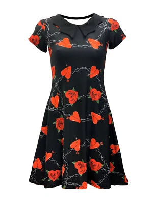 Women's Heart Rose Barbed Wire Collar Swing Rockabilly Dress Alternative Goth - Image 1 of 2